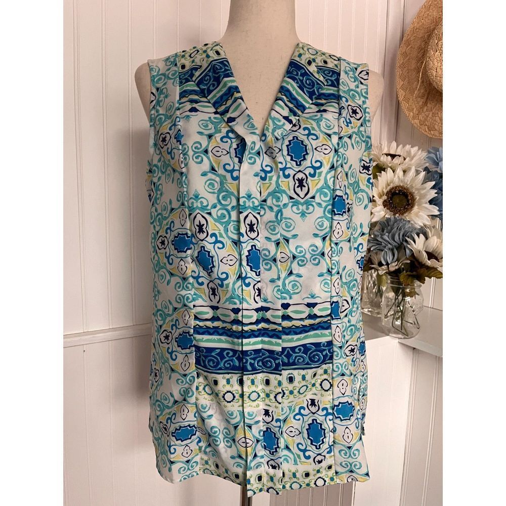 Blue, White & Yellow Abstract SLeeveless Top